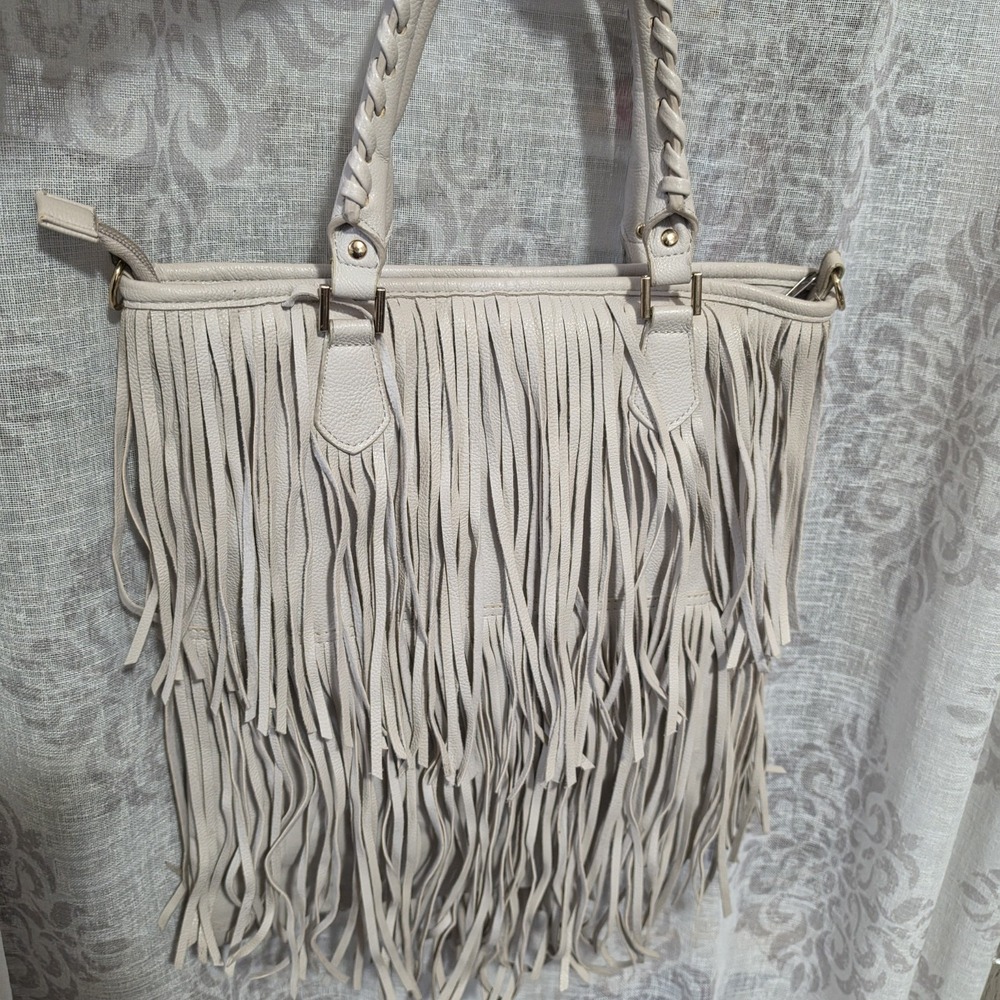 H&M Cream Faux Leather Fringe Boho Tote Bag Braided Handles Gold Hardware